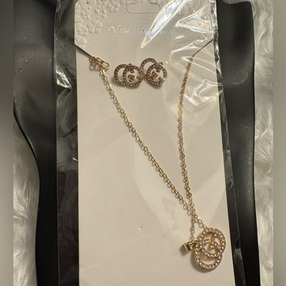 Gold Necklace and Earring Set with Rhinestones